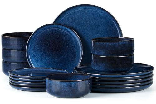 Joyfair 18-tlg Steinzeug Geschirrset 6 Personen - Tiefsee Blau | Reaktive Glasur Geschirr Set mit Speiseteller, Dessertteller, Müslischalen, Mikrowellen- & Spülmaschinenfest