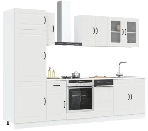 Amorsee 8-TLG Küchenzeile ohne Elektrogeräte Küchenmöbel Komplett in Weiß Küchenschrank Einbauküche Küchenblock Hängeschrank Spülenunterschrank Kalmar