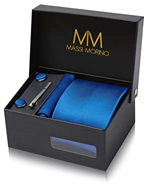 Massi Morino Krawatte Royalblau mit Einstecktuch Set Herren inkl. Manschettenknöpfe, Krawattennadel und Geschenkbox | Männer Krawattenset zur Hochzeit