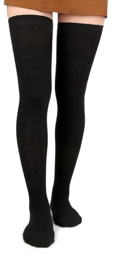 Moon Wood Overknees Strümpfe Damen Extra Lange Thigh High Socks Soft Warme überkniestrümpfe Damen Baumwolle Strick Oberschenkelhohe Socken Schwarz