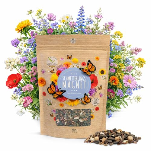 100g Schmetterlingswiese Samen für eine bunte Blumenwiese - Farbenfrohe & nektarreiche Wildblumensamen Mischung für Schmetterlinge