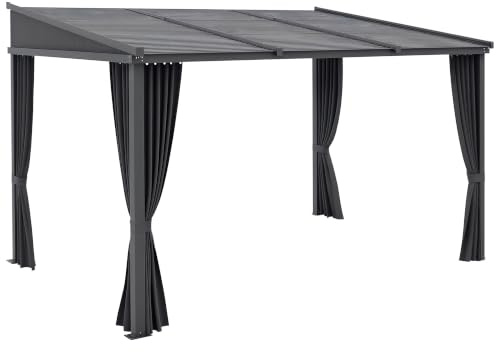 Outsunny Pergola mit Schiebedach für Garten 3,65 x 2,55 m Dunkelgrau | Pavillon, Terrassenüberdachung, Gartenpavillon mit Vorhängen, für Hof, Alu+Metall