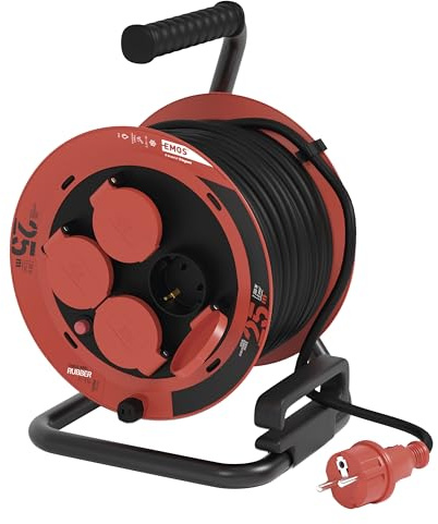 EMOS - Kabeltrommel 25m - 4 Schuko-Steckdosen mit erhöhtem Berührungschutz - wasserdicht & kältebeständig, schlagfest - 230V, 10A, 2300W - Gummi-Isolierung - H05RR-F3G 1,0 mm2 - IP44 für Außenbereich
