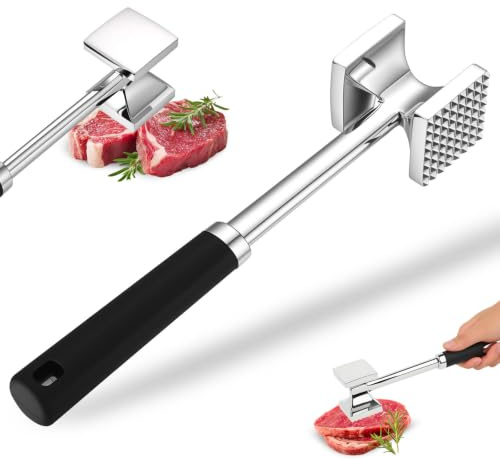 ANBEEISS 1 Stück Fleischhammer Edelstahl spülmaschinenfest, 27 cm | Fleischklopfer, Schnitzelklopfer, doppelseitig, antihaftbeschichtet, spülmaschinenfest. Ideal für Rind, Steak.