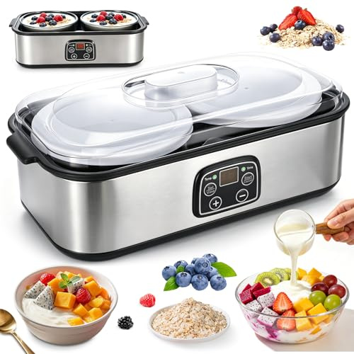2L Automatischer Joghurtmaschine, Elektrischer Joghurtbereiter mit LED-Anzeige und 2 Glasbehältern, Einstellbare Temperatur & Timer, Joghurtmaschine für DIY Joghurt, Käse, Natto Zubereiter