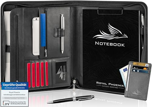 Royal Phoenix® Business Schreibmappe A4 'Falcon' - Hochwertige Businessmappe mit Reißverschluss - inkl. Kreditkartenetui + weiteren EXTRAS - Dokumentenmappe aus hochwertigem Kunstleder in Schwarz