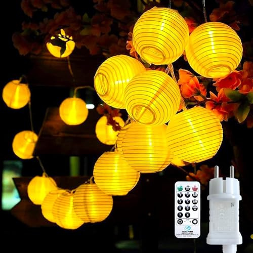 Bigzom LED Lampion Lichterkette außen mit Timer, 5M 20LEDS Mit Fernbedienung Netzstecker Memoryfunktion auch für Innen LED Lampions für Weihnachten Terrasse Balkon Garten Deko Warmweiß