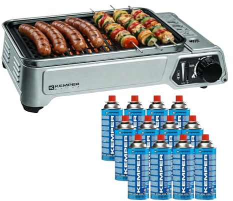 Kemper - Gasgrill, 1900 W, mit Antihaftbeschichtung + 12 Camping-Gaskartuschen