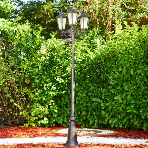 HOFSTEIN Kandelaber Hongkong Frost, Außenwegeleuchte aus Metall/Milchglas in Schwarz-matt/Weiß, höhenverstellbare Wegeleuchte im Antik/Vintage-Design für Garten, Außenbereich, Hof, 3 x E27, IP44