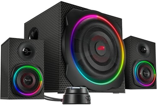 Speedlink GRAVITY CARBON RGB 2.1 Soundsystem Bluetooth - PC Lautsprecher mit Subwoofer aus Holz, Aktiv Lautsprechersystem 120 Watt, 3,5mm Klinke, AUX, Tischfernbedienung, schwarz