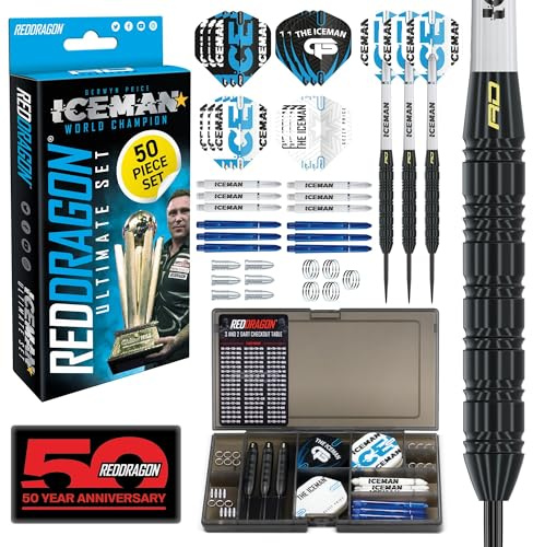Red Dragon, Gerwyn Price Iceman Steel-Dart-Set, 22 g Dartpfeile aus Messing mit Razor-Edge-Grip, 50-teiliges Set mit Dart-Flights, Dartschäften und Aufbewahrungskoffer