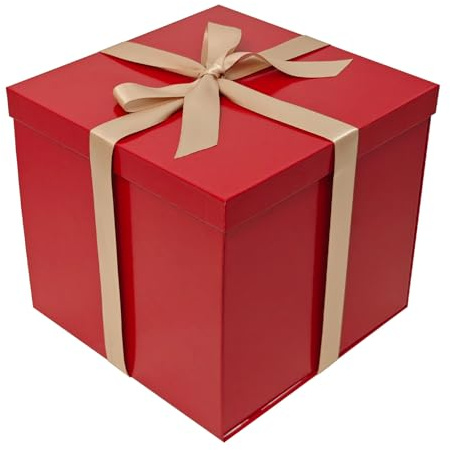 Tekhoho Rot Geschenkbox 22x22x20,5cm, Premium Geschenkboxen für Geschenke mit Deckel und Geschenkband für Valentinstag, Weihnachten, Hochzeit, Geburtstag, Geschenkverpackungen, karierte Innenfutter