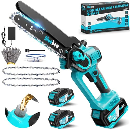 Bluebow Mini Akku Kettensäge - 8 Zoll Starker Brushless 8000mAh Akku | Automatischer Öler, Sicherheitsschloss, Ersatzkette, Elektro Handkettensäge für Gartengeräte Astsäge Holzschneidenz