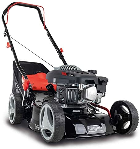Scheppach Benzin Rasenmäher MP132-42 | Schnittbreite 42cm | 3,3 PS | Stahlgehäuse | Reinigungsfunktion | 45 Liter Fangkorb | Höhenverstellung in 7 Stufen (25-75mm)