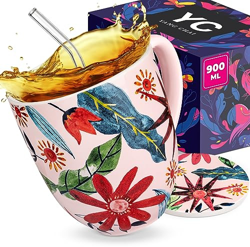 YC YANG CHAI Riesentasse 900 ml – XXL Teetasse – Geschenkidee für Frauen | Jumbobecher und große Kaffeetasse | Mit Untersetzer für Tee, Kaffee, Kakao, Cappuccino, Latte, Milchkaffee und Müsli