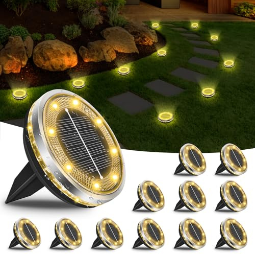 Bowfar 12 Stück Solar Bodenleuchten Aussen, IP65 Wasserdicht Solarlampen 12 LEDs Gartenbeleuchtung Solar Mit Upgrade Solarpanel, Warmweiß Solarleuchten für Garten, Rasen, Gehweg, Patio, Auffahrt