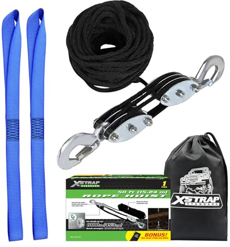 XSTRAP Standard Strapazierfähiger 0,9 kg Bruchfestigkeit, 15 m Seilzug, 453,6 kg Arbeitslastblock und Angelrolle-System zum Heben Schwerer Gegenstände (schwarz)