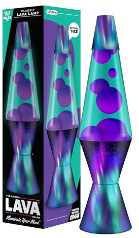 LAVA® - Lava Lampe Aurora Borealis 2047, lila wachs, blaugrüne flüssigkeit, dekorativer sockel und deckel, original 14,5 zoll bewegungslampe der marke LAVA®