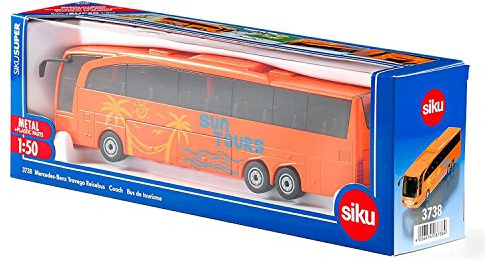 Siku 3738, Mercedes-Benz Travego Reisebus, 1:50, Metall/Kunststoff, Orange, Öffenbare Türen und Klappe