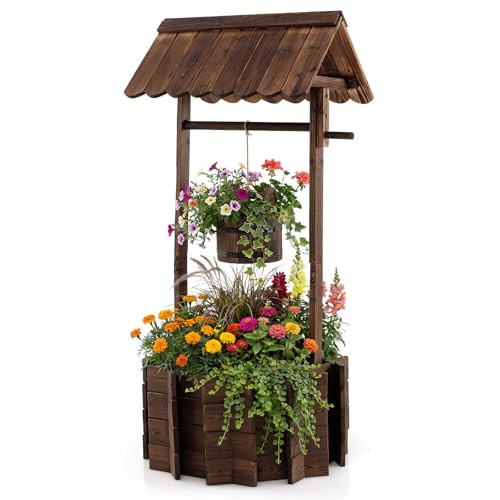 COSTWAY Holzbrunnen mit Dach, Wunschbrunnen Garten, Blumenkübel Dekobrunnen Blumentopf, Dekoration für Draußen Veranda, Zierbrunnen Brunnen Gartenbrunnen, 56 x 56 x 119 cm, Braun