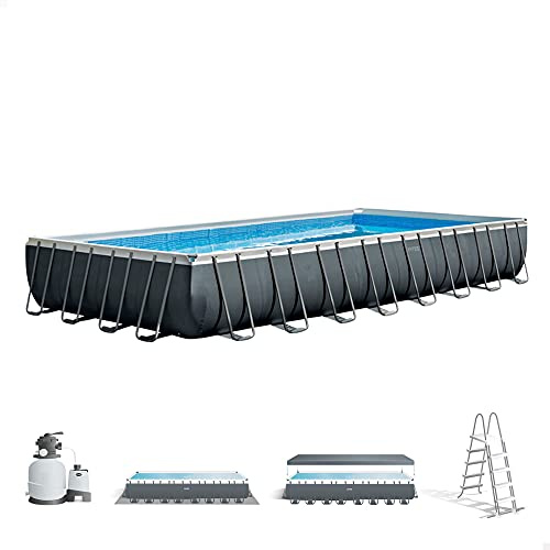 Intex 26374NP – Aufstellpool Ultra XTR Frame Rechteckig, Filterpumpe 10500 L/h, Leiter, Bodenplane und Abdeckplane, 54368 L, Stahl und PVC, Grau, 975x488x132 cm