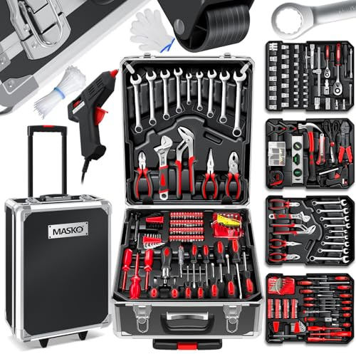 MASKO® Werkzeugkoffer 1400-teilig gefüllt | Werkzeugset im Aluminiumkoffer | Werkzeugkasten mit Rollen | Werkzeugkiste Haushalt, Haus, Hobby, KFZ | Trolley-Funktion | Werkzeugwagen Handwerkzeug