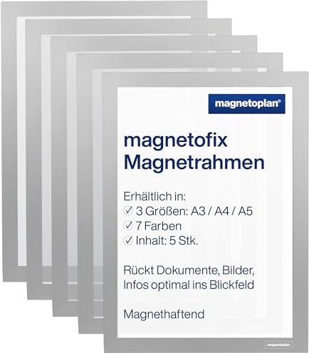 magnetoplan magnetofix Magnetrahmen, 5 Stk., Silber | Format: A4 | Magnethaftender Rahmen für Dokumente + Bilder | Magnetischer Inforahmen für Büro, Schule, Lager + Werkstatt