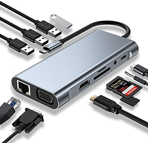 USB C HUB, Docking Station, 11-in-1 USB C Adapter mit 4K-HDMI, VGA, USB 3.0 Port, Type C PD, Ethernet RJ45 Port, SD/TF-Kartenles, 3.5mm AUX, Kompatibel für MacBook Pro/Air, More Type C Geräte