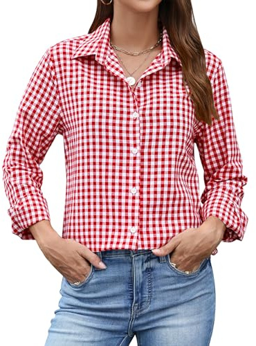 Rapbin Bluse Damen Kariert Hemden Langarm Trachtenhemd Bluse Oktoberfest Oberteile V-Ausschnitt Casual Hemdbluse Rot-weiß kariert S