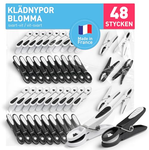 culiclean Wäscheklammern ohne Abdruck, Blume, 48x, schwarz-Weiss | Stabile Wäscheklammern für den Außenbereich, Softgrip Kluppen 80 mm, bruchsicher, UV-beständig, BPA-frei, Made in France