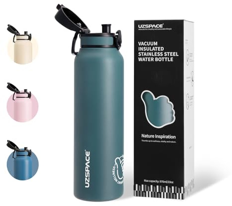 UZSPACE Edelstahl Trinkflasche 1L(970ml), Sport Trinkflasche Auslaufsicher | Isolierte Doppelwandige Sportflasche, Ein-Hand-Öffnung, Wasserflasche für Wandern Fitness Gym Outdoor Arbeit, Waldgrün