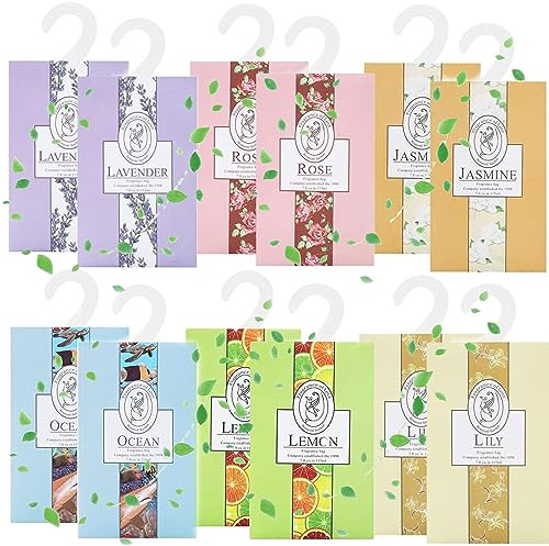 WDEC 12*20g Kleiderschrank Aromatherapie Kleiderbügel, Beutel, Für Schubladen, Schränke, Schränke, Badezimmerautos, 10 Stück Lavendel, Jasmin, Lilie, Rose, Ozean，Zitrone