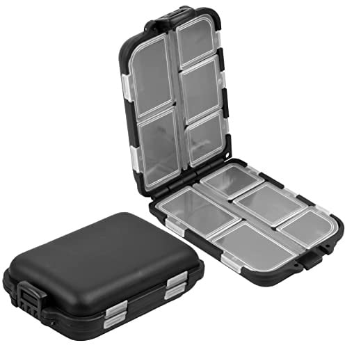 Pinsheng 2 Stück Kunststoff Tackle Box, 10 Fächer Klein Angelköder Boxen, Wasserdicht Angelkasten Angelbox Köderbehälter für Angelzubehör(Schwarz)