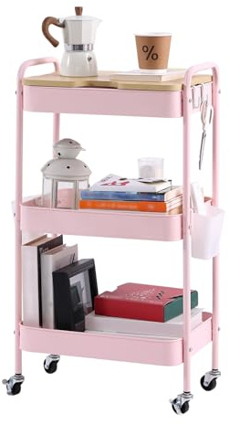 YOTATING Rollwagen mit 3 Ebenen, Aufbewahrungswagen, Küchenregal mit Rollen, Allzweckwagen, Servierwagen mit 4 Haken, 3 Organizer, Abnehmbarem Holztablett für Küche Bad Wohnzimmer Schlafzimmer, Rosa