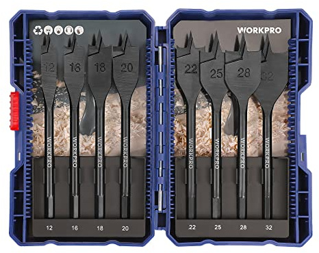 WORKPRO Holzbohrer-Set, flach, Sechskantschaft, Schnellwechsel, 12 mm, 16 mm, 18 mm, 20 mm, 22 mm, 25 mm, 28 mm, 32 mm, 8 Stück