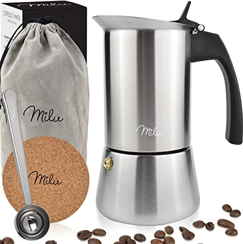 Milu Espressokocher Induktion geeignet | 2, 4, 6, 9 Tassen | Edelstahl Mokkakanne, Espressokanne, Espresso Maker Set inkl. Untersetzer, Löffel, Bürste (9 Tassen, 450ml)