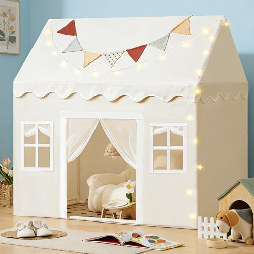 Tiny Land Kinderzelt für Drinnen mit Matte und Lichtern, Spielhaus Indoor für Kinder | Prinzessin Spielzelt als Kinderzimmer Deko & Lesezelt, Mädchen und Jungen