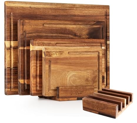 Les Plaisirs Du Chef - Schneidebrett Set aus Holz – 4-teiliges Küchenbrett Set • Schneidebretter aus Akazienholz, lebensmittelecht geölt • Robust, langlebig & stilvoll für jede Küche