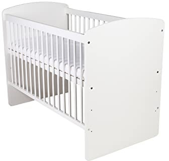 KMbaby Babybett K2 Weiß 120 x 60 cm mit Matratze & Lattenrost - Baby Kinderbett Gitterbett 3 Stufen Höhenverstellbar - Lackiertes Kiefernholz & MDF