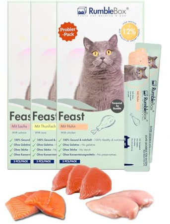 RumbleBox Schleckies mit 70% Fleisch & 1500mg/kg Taurin, getreidefrei & zuckerfrei für Allergiker, Gesunde Leckerlis für Katzen ohne schädliche Zusätze (Ultimate Sparbox 3x75g)