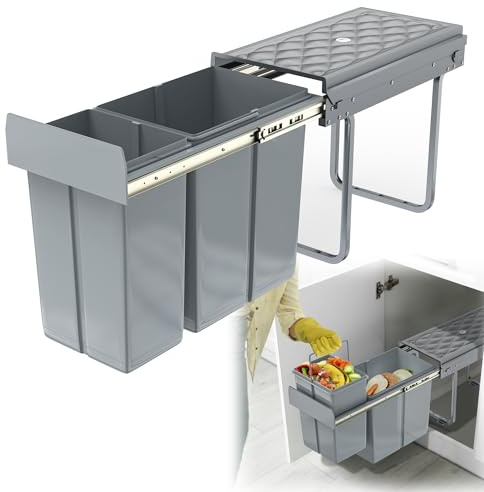 HENGMEI Einbaumülleimer Unterschrank Einbau-Mülleimer Küche, 1x20L+1x10L | Abfalleimer Ausziehbarer Abfallsammler Mülltrennsystem mit Teleskopschienen Grau