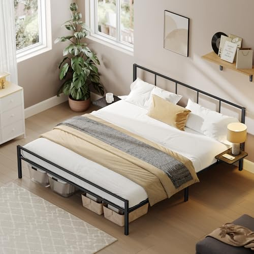 VASAGLE Doppelbettgestell, Bett, 160 x 200 cm, Metallbett, Bettrahmen, mit Kopfteil, modern, mit Aufbewahrungsregalen, Gästebett, für Teenager, Mattschwarz RMB195B01