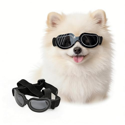 Enjoying Hundebrille Klein, UV-Schutz Sonnenbrille für Hunde Kleine Rassen, Anti-Nebel Winddicht Staubschutz, Welpen Fahrbrille Augenschutz, Verstellbare Bänder, Hellschwarz