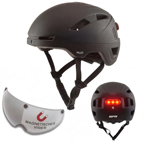 GOOFF Pilot S-Pedelec Helm in Schwarz - Schutz für schnelle E-Bike Fahrten – Fahrradhelm mit Visier und Licht – NTA 8776-zertifizierter Zweirathelm für Damen und Herren (Schwarz, L)