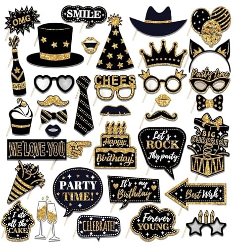 36 Stück Fotobox Accessoires Geburtstag – Lustige Foto Requisiten für Geburtstagsparty, Selfie Props mit Schnurrbart, Brille, Lippen, Hüte und mehr – Fotorequisiten Set für Fotobox und Partyspaß