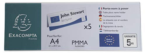 Exacompta 84358D 5er Pack Tisch-Namensschilder Querformat DIN A4 gefaltet aus hochwertigem Acryl beidseitig verwendbar UV beständig 30,0x10,5 cm Tischaufsteller Tischschild transparent