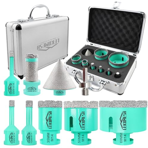 LEKOMESH Diamant Fliesenbohrer Set - 9 Stück (6/8/10/35/50/68mm+20mm Bohren Fräsen+50mm Fasenfräser+Adapter) Lochsäge Für Porzellan Keramik Fliesen Marmor