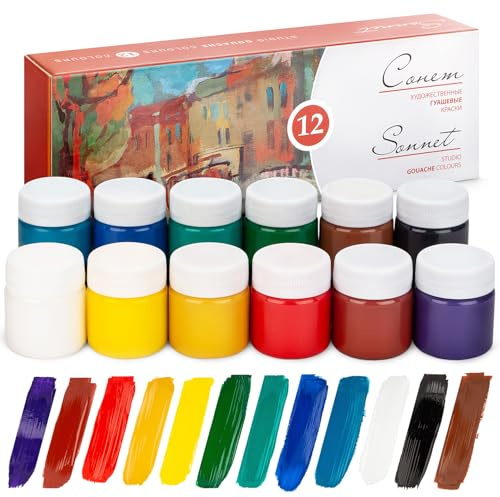 Sonnet - Hochwertiges Gouache Farben Set (12x40ml) | Wasserbasierte Malfarben in 12 prächtigen Hochpigmentierten | Hergestellt von Nevskaya Palitra