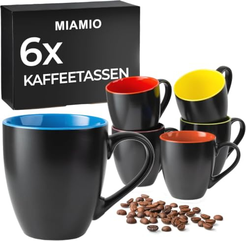 MIAMIO - Kaffeetassen Set, Keramik (6x350ml, Schwarz-Bunt) - Le Papillon | Keramik Kaffeebecher für Kaffee, Cappuccino und Tee, 6x350ml, Schwarz-Bunt für Alltag und Kaffeetafel - spülmaschinenfest