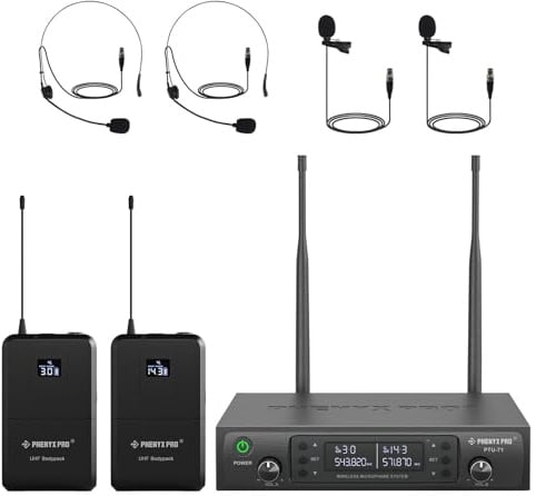 Phenyx Pro Funkmikrofon-System UHF Dual Auto Scan PTU-71-2B | 2 Bodypacks, 2 x 100 Frequenzen, 328 ft Reichweite, Freihand-Sprechen, Live-Gesang, Gottesdienste, DJ-Sets